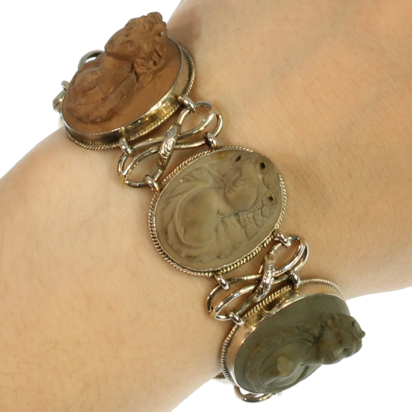 French antique lava stone cameo silver bracelet
